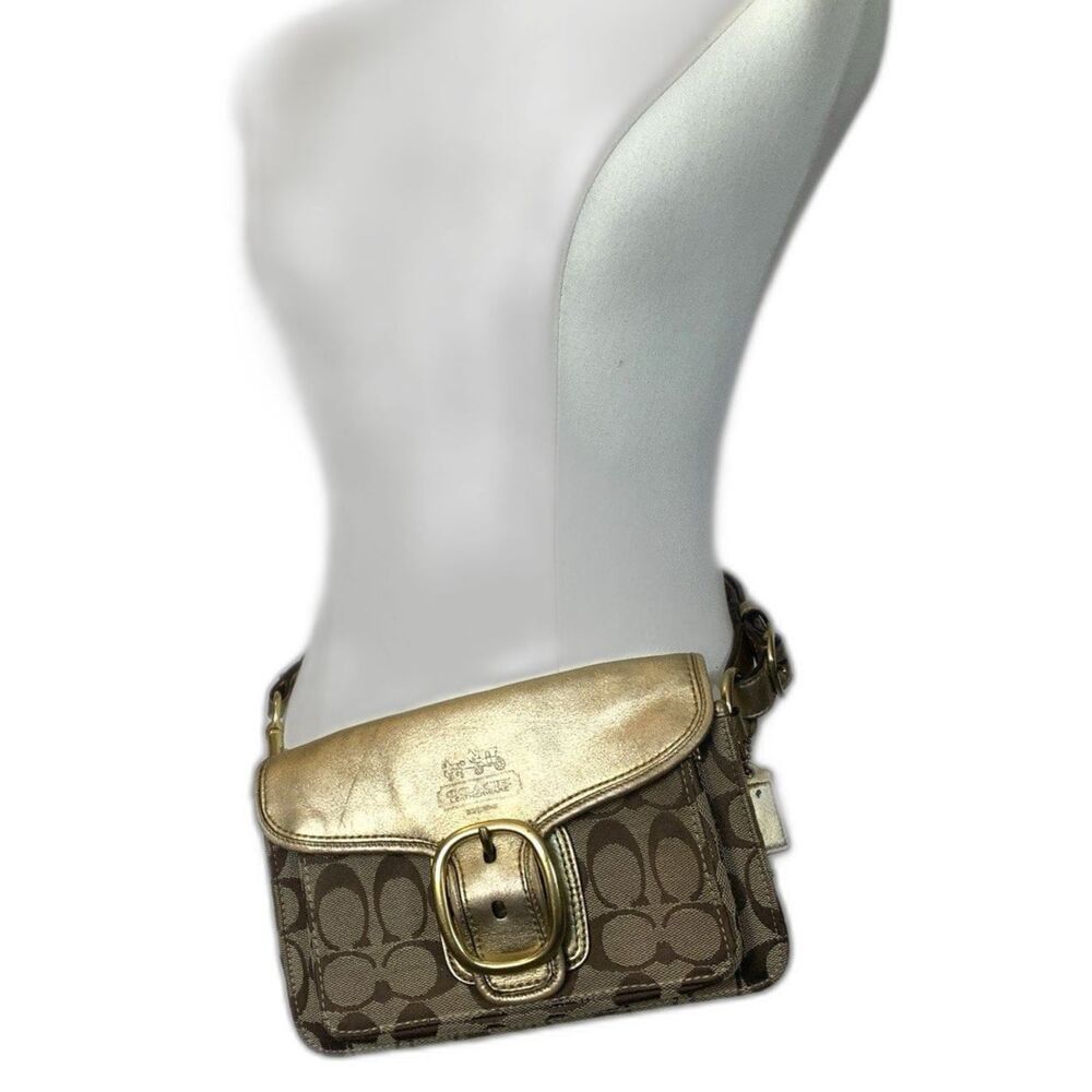 COACH Bleecker Signature C Canvas Belt Bag Waist Fanny Pack Gold Leather Trim